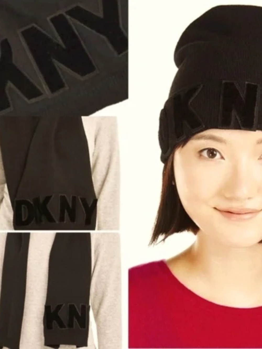 (NWT) DKNY Women's 2 Pc. Black Logo Velvet Flocked Flat Knit Scarf & Beanie Set